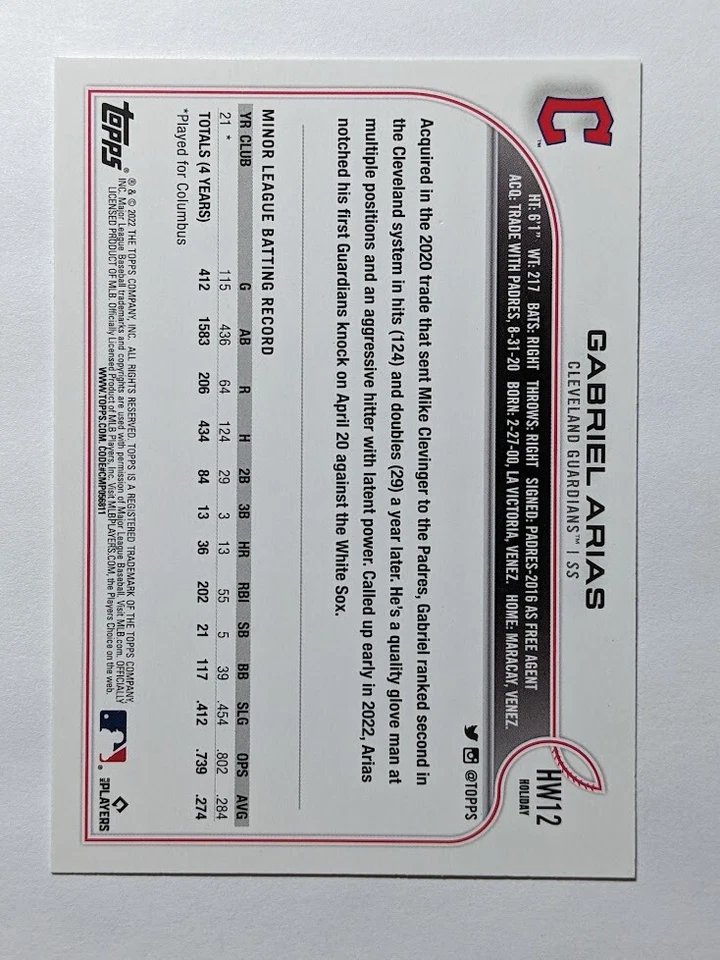 Gabriel Arias 2022 Topps Holiday Rookie RC Cleveland Guardians #HW12 - Image 2 of 2