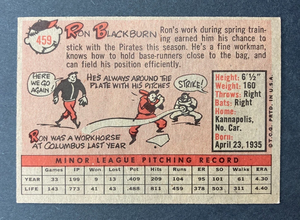 1958 Topps #459 Ron Blackburn RC (Pittsburgh Pirates)    ROOKIE!    (A) - Image 2 of 2
