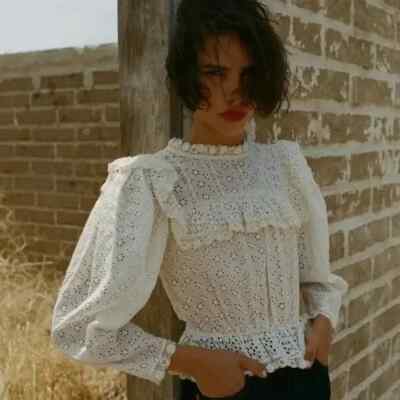 Doen Floryn Lace Eyelet Trim Ruffle XS Blouse Top Ivory Victorian Coquette Sheer