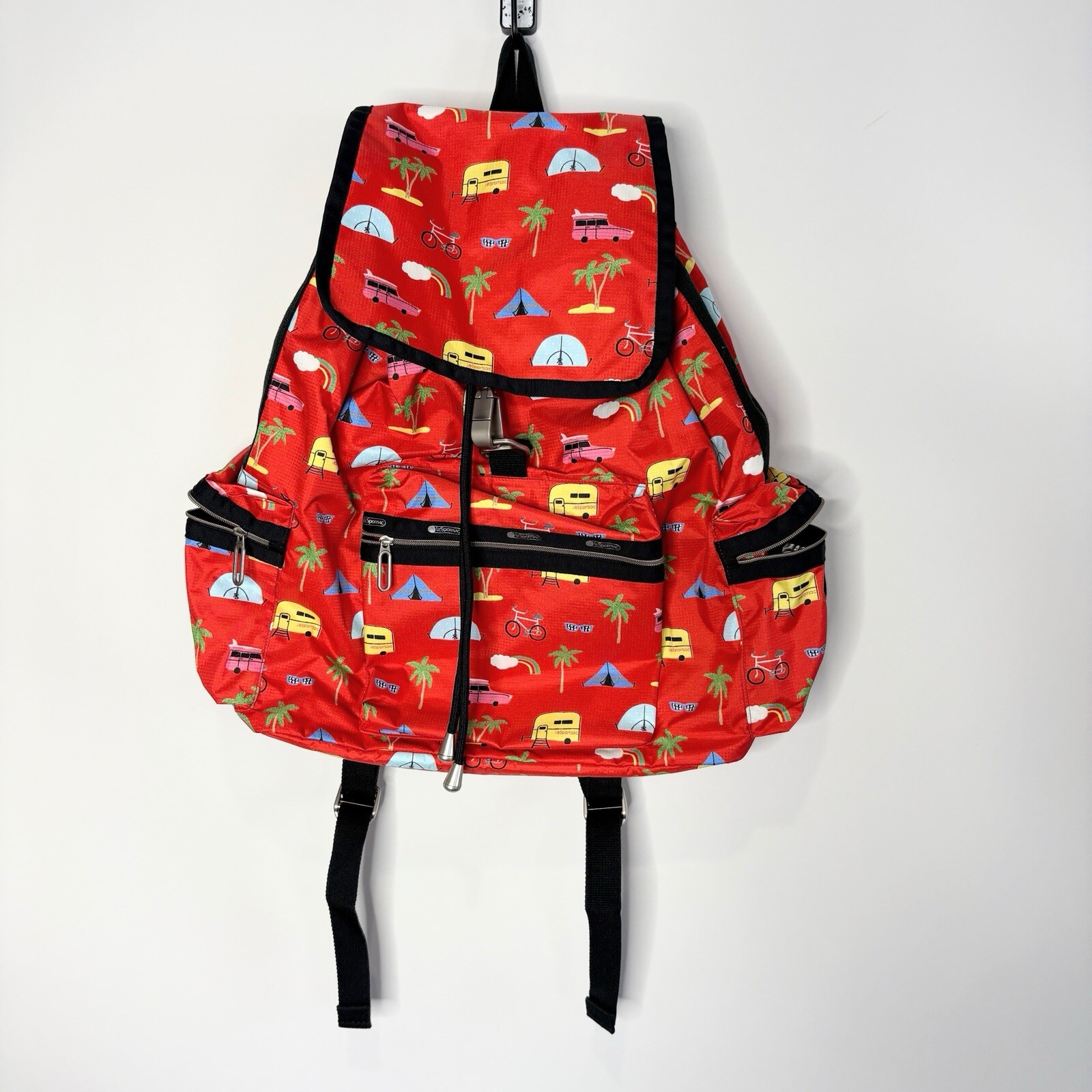 LeSportsac Backpack Drawstring Red Outdoor Palm Tree Camping Biking Nylon Adult