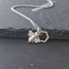 Sterling Silver Tiny Honeycomb Bumble Bee Charm Necklace shiny