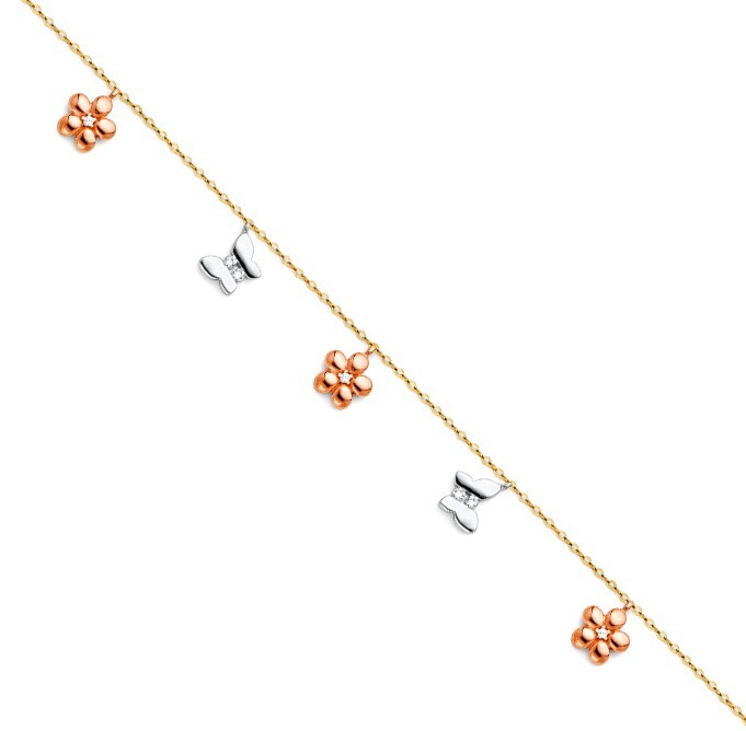 14K Tri-Color Gold Butterfly Flower Charm Anklet