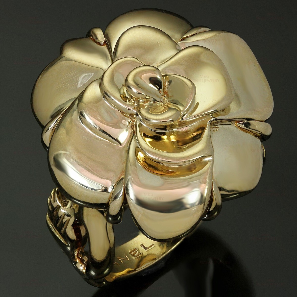 CHANEL Camelia 18k Solid Heavy Yellow Gold Flower Ring 56 | eBay