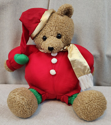 USED Parachute Material Outfit Christmas Red Green Brown Bear w Hat 16'' Plush