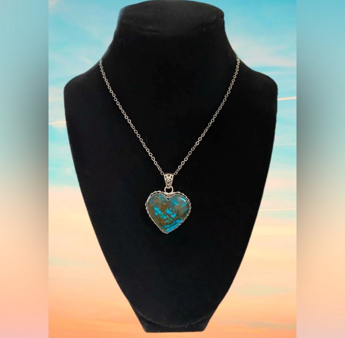 Boho Western Turquoise Heart Pendant Necklace Silver Plated Metal