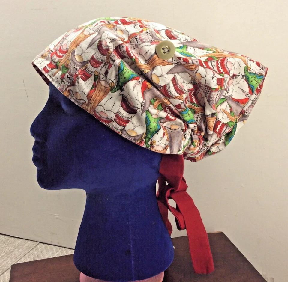 Lot of 3 HANDMADE Scrub Hat Surgical Cap Tie-Dye-Tie Back Christmas Prints - Image 3 of 4