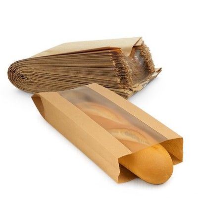 Paper Bread Bags Kraft Brown Bakery Bags With Window 6.5 X 2 X 18 Breathable
