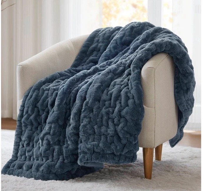 Madison Park Navy Ultra Soft Ruched Faux Fur Throw Blanket 50 x 60 in Reg$100 - Image 2 of 4