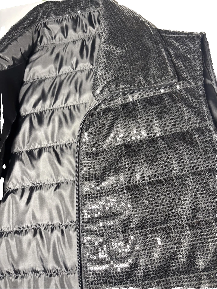 Women's Sequin Quilted Vest Black Full front Zipper Pockets Full Pointed Collar - Image 2 of 4