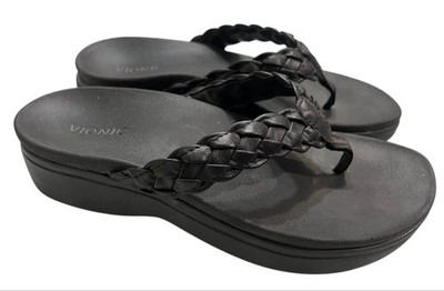 Vionic Kenji Black Faux Leather Braded Thong Platform Sandals Size 7 Flip Flops