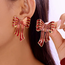 Christmas Bow Earrings   Red Ribbon Gold Holiday Cute Festive Jewelry Gift