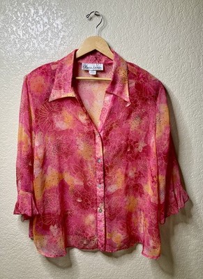 VTG Gloria Lance Sheer Blouse Womens 3X Chiffon Pink Sparkly 3/4 Sleeve Button