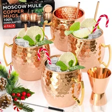 Moscow Mule Copper Mugs - Set of 4-100% HANDCRAFTED - Food Safe Pure Solid Co...