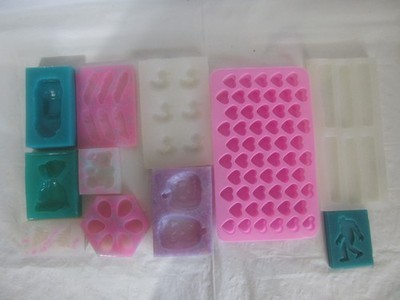 handmade, used soap embed molds: car, clouds, hearts, eggs, money bag, duckies
