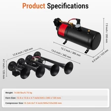 Train Horn Kit Loud System 4 Trumpet 1.6Gal Air Tank 150PSI for Car Truck Pickup