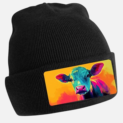 Black Cool Cow Print Beanie Hat - Unisex Cap, Cotton