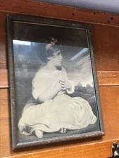 Vintage Sepia Toned Print of Little Girl in Brown Green & Black Wood Frame Under