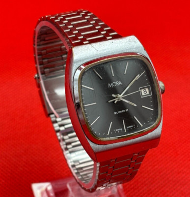 Mora men`s vintage quartz watch Swiss made stainless steel bracelet square 35mm