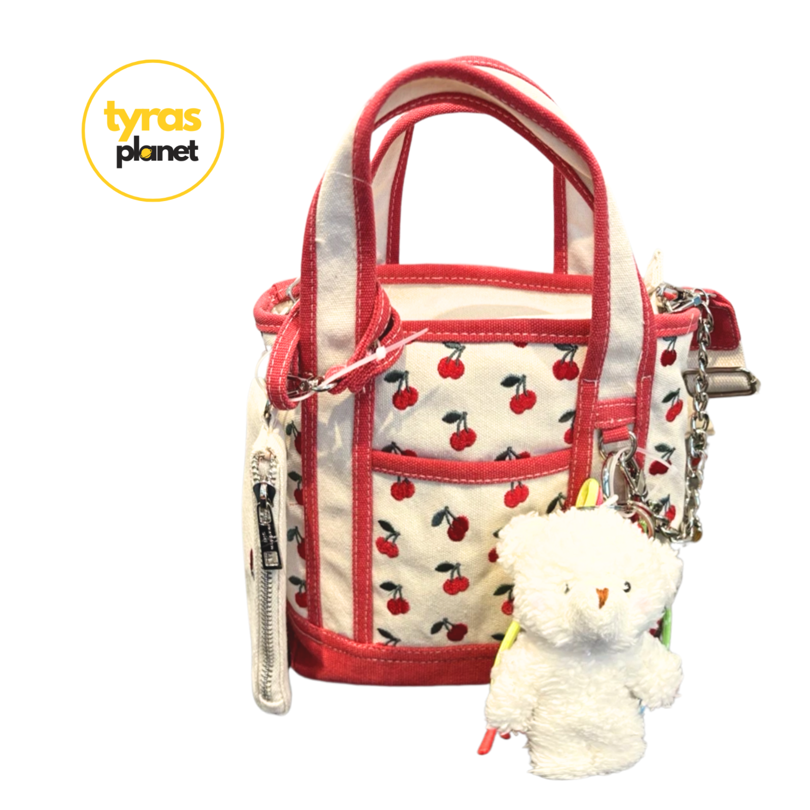Madden Girl Mini Tote with Cherry Fruits Teddy Bear and Jeweled Keychains