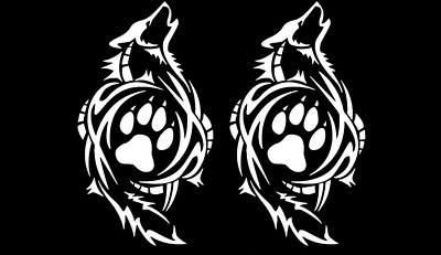 Tribal Wolf Howling Paw TWO PACK 6'' White Vinyl Decal Car Laptop Tablet Window