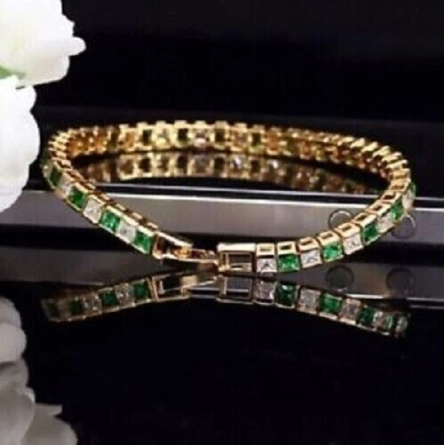 8 Carat Yellow Gold Plated Princess Cut Lab Created Emerald Her Bracelet 7.50" . - Image 2 of 3