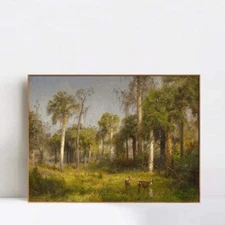 Framed Canvas Print Deer in the woods by Albert Bierstadt  Home Decor 24"x32"