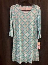Lulu B XS 3/4 Sleeve Ruffle Hem Dress Turquoise White Upf50