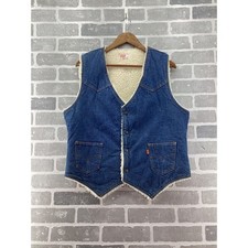 Vintage Levis Denim Sherpa Lined Vest Mens Large Orange Tab Made in USA Western