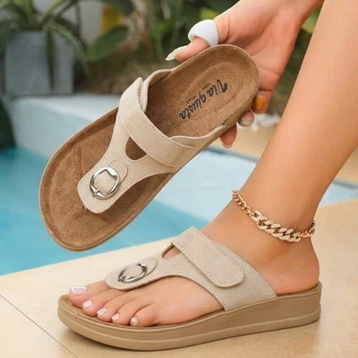Womens Genuine Leather Sandals Comfort Flat Summer Casual Buckle Sliders Shoes - Image 1 of 3