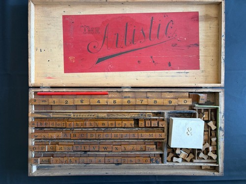 Vintage “The Artistic” Sign Maker Stamp & Stencil Set Wood Box Letters Numbers