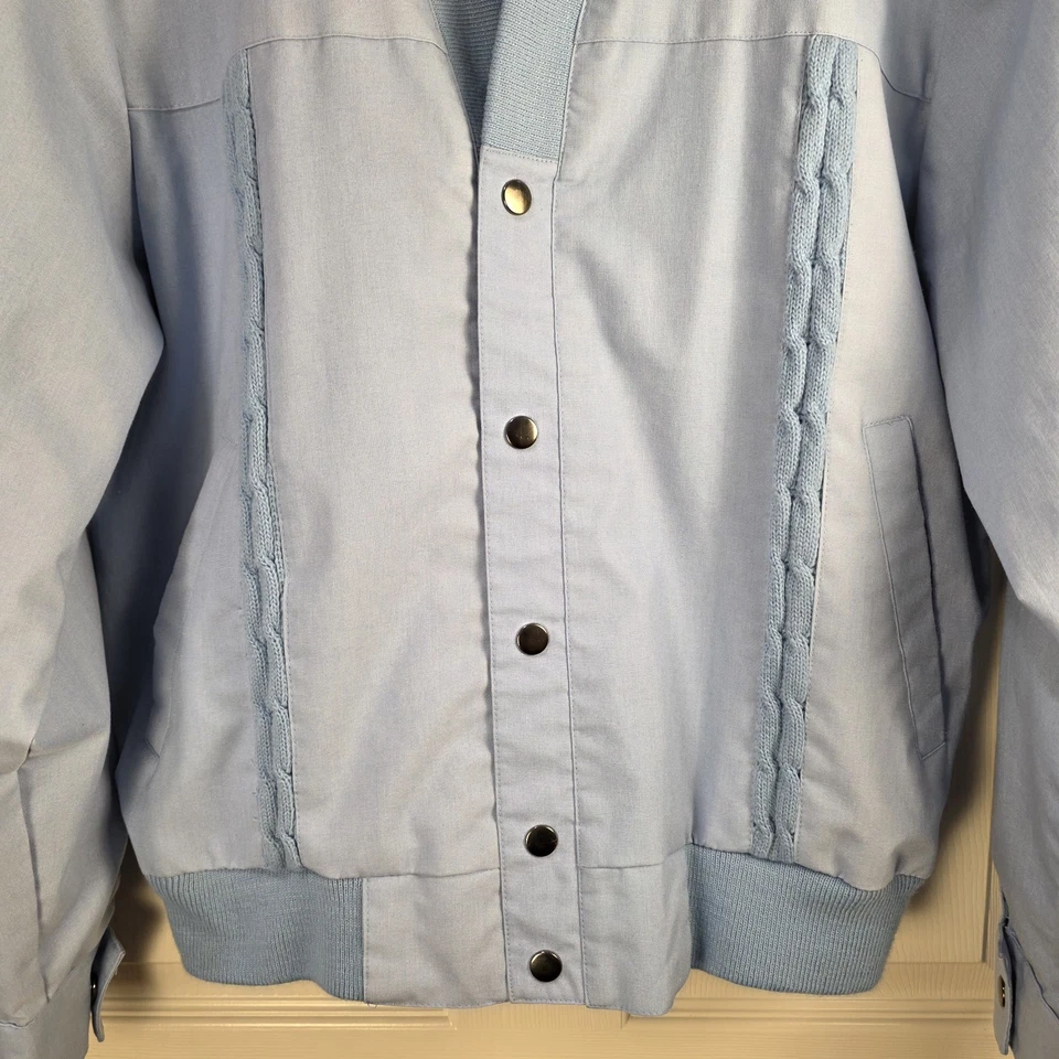 Jaqueta masculina vintage Haband azul claro média abotoada malha cabo acento casaco bombardeiro - Imagem 2 de 4
