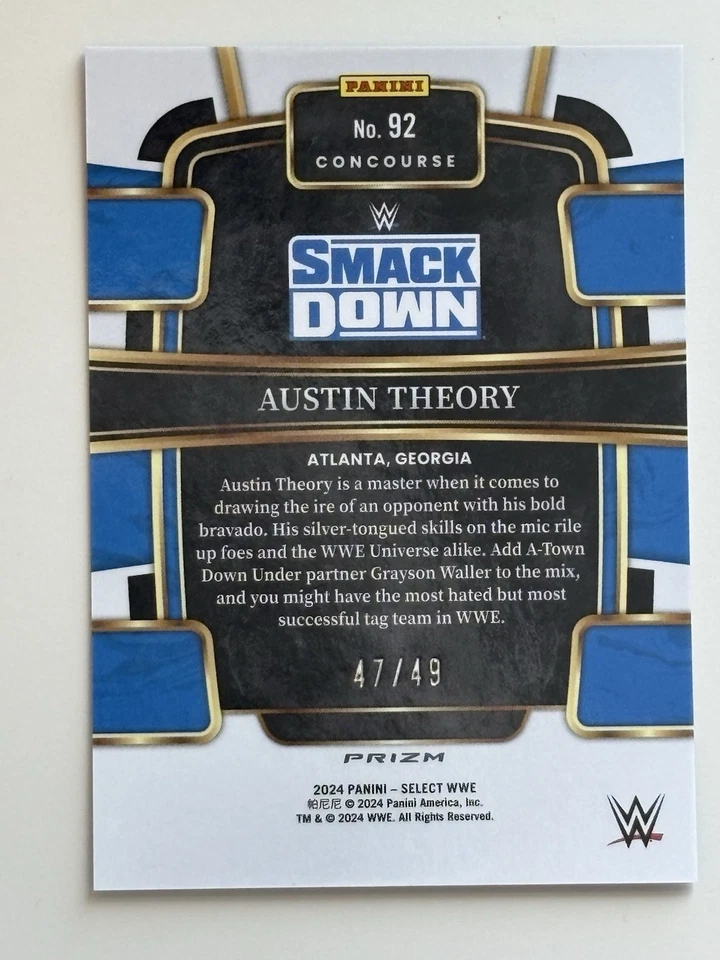 2024 Panini Select WWE Austin Theory /49 Blue Wave Concourse #92 A-Town Down! - Image 2 of 3