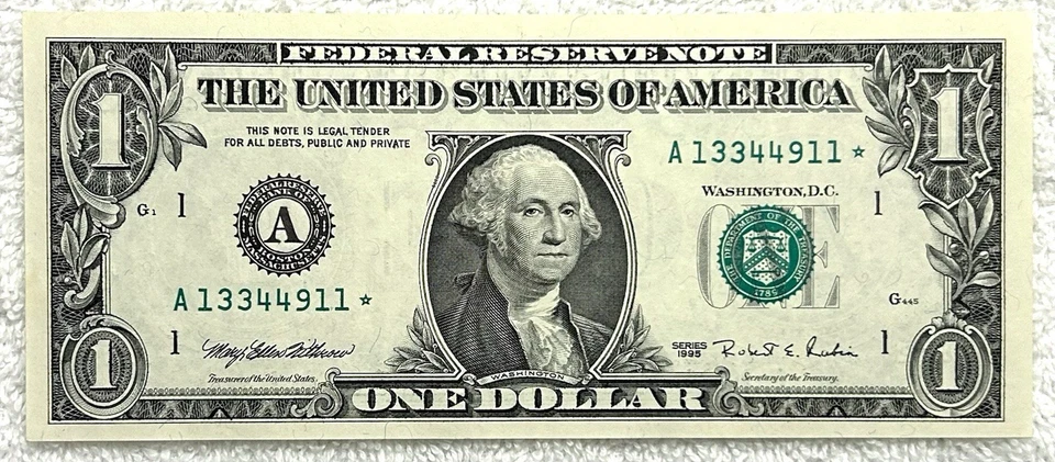 13344911* - Fancy Star Note Serial - GEM 1995 $1 Federal Reserve Note - Image 2 of 3