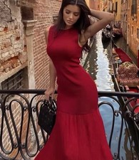 ZARA Red Combined Knit Midi Maxi  Dress Size S REF:4192/034 Bloggers Fave