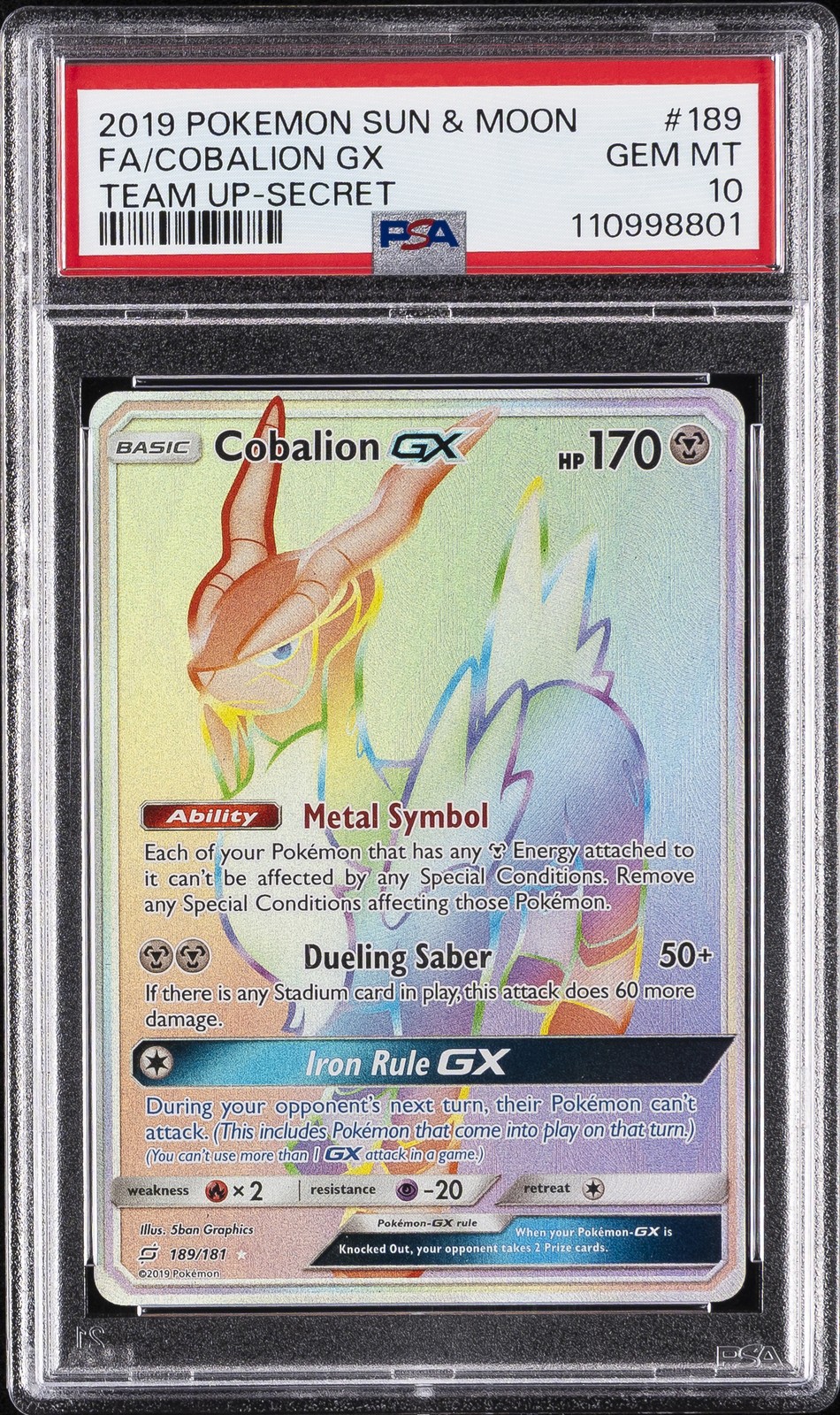 2019 POKEMON SUN & MOON TEAM UP SECRET #189 FULL ART/COBALION GX PSA 10