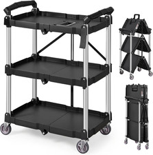 Foldable Utility Service Cart, 165LBS 3 Shelf Heavy Duty Plastic Rolling Cart wi