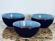 3Pc Thomson Pottery Baja Blue & Black Stoneware 6” Soup/Cereal Bowls