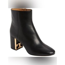 Tory Burch Gigi Logo Heel Black Leather Ankle Boots Booties Size 7M
