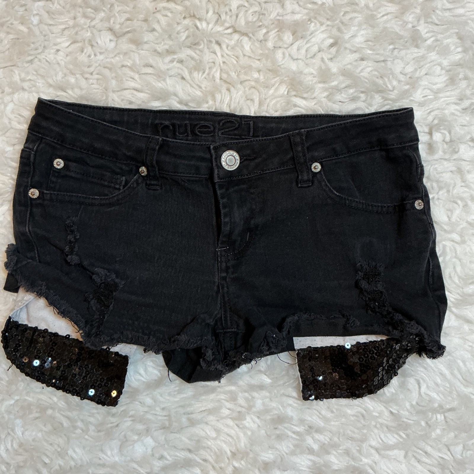 Rue 21 Black Denim Cutoff Shorts Sequin Embellished Distress