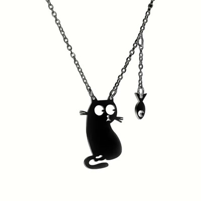 Cute Funny Black Cat Kitten Fish Pendant Necklace Women Stainless Steel Jewelry