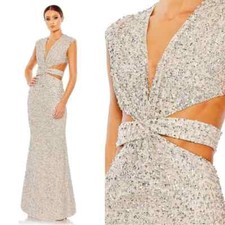 NWT MAC DUGGAL SZ 0 10919 SEQUINED CAP SLEEVE PLUNGE NECK CUT OUT GOWN NUDE