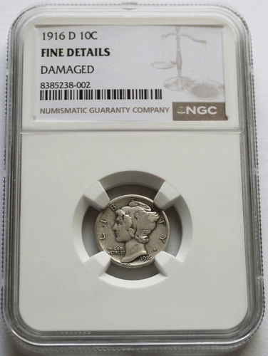 1916-D Mercury Silver Dime - NGC Fine Details Damaged, Classic Key Date 10C