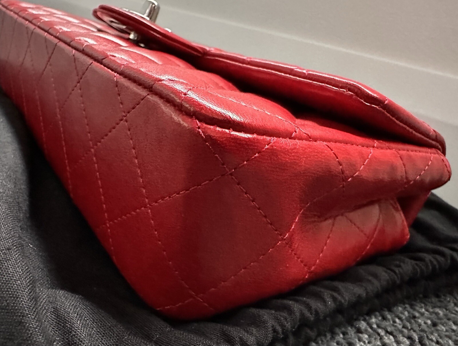 Authentic CHANEL Red Lambskin Leather Classic East West Flap Bag image 5