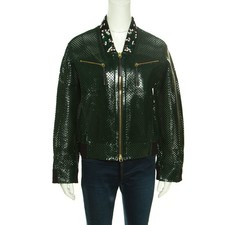 Marni Emerald Green Perforated Leather Floral Embellished Detail Bomber Jacket S