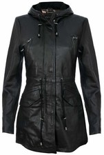 Women's Black Leather Hooded Parker Jacket Multi-pocket Trench Coat
