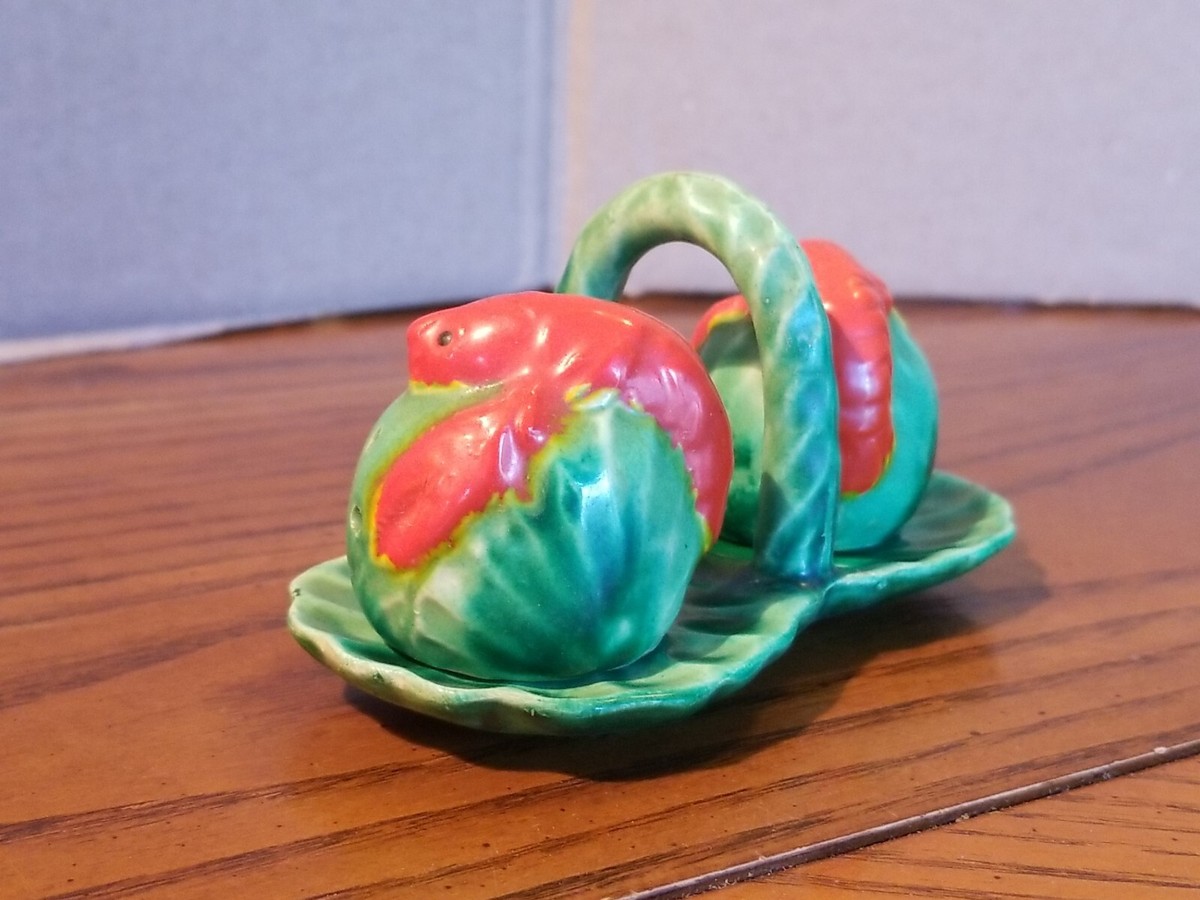 Vintage Japan Lobsters Salt Pepper Shaker Set with Base Orange/Red