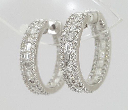 2.14 ct Baguette & Round Diamond Inside Out Round Huggie Hoop Earrings 18K Gold - Picture 4 of 9