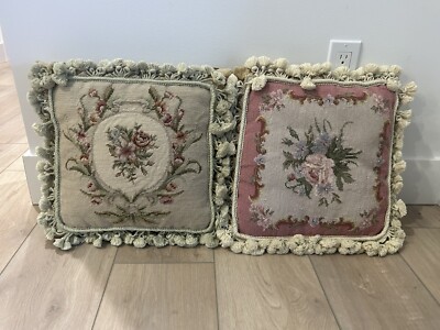 (2) Gorgeous Vintage Pair Needle Point Velvet Tasseled Pillows 15  X 15 
