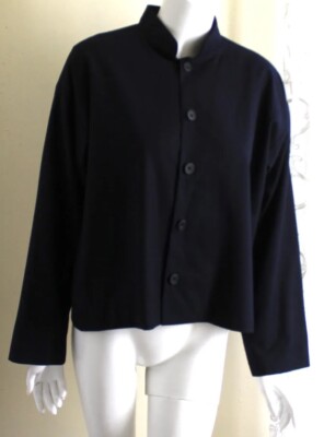 Eskandar 1 0 Fine Navy Blue 22.5'' Elegant Mandarin Band Collar Short Jacket Coat