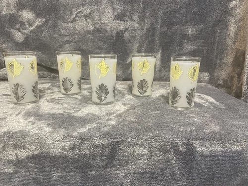 Vintage Set Of 5 Libbey Glasses Yellow Black Leaf 
